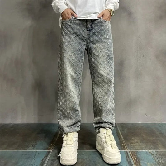 Jacquard All Over High Street Jeans Mens 2024 New Straight Lift