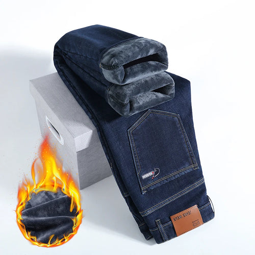 HIQOR Winter Fleece Thick Jeans Men Business Casual Straight Trousers