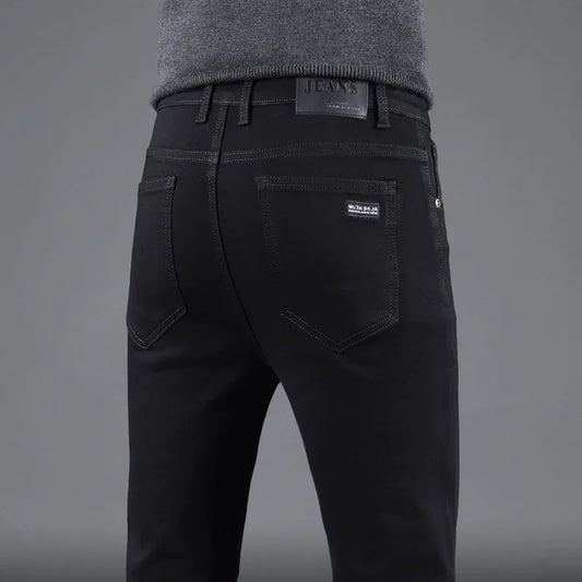Spring Autumn New Men's Pure Black Slim Jeans Elastic Straight Pants
