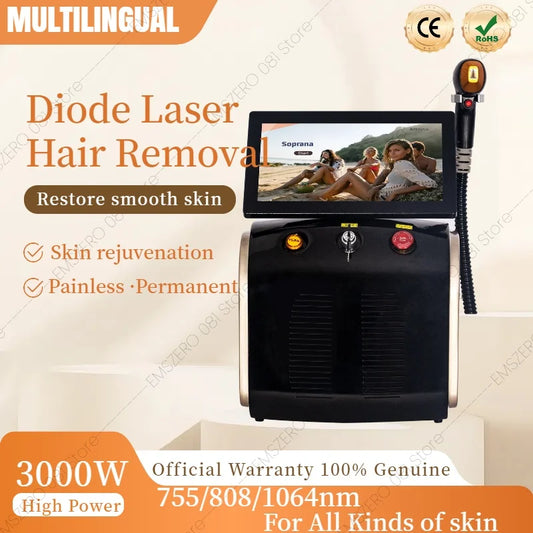 808nm Diode Laser Hair Removal Device 3000W Skin Rejuvenation Ice Alexandrit Permanent Cooling Head Painless Epilator Machine