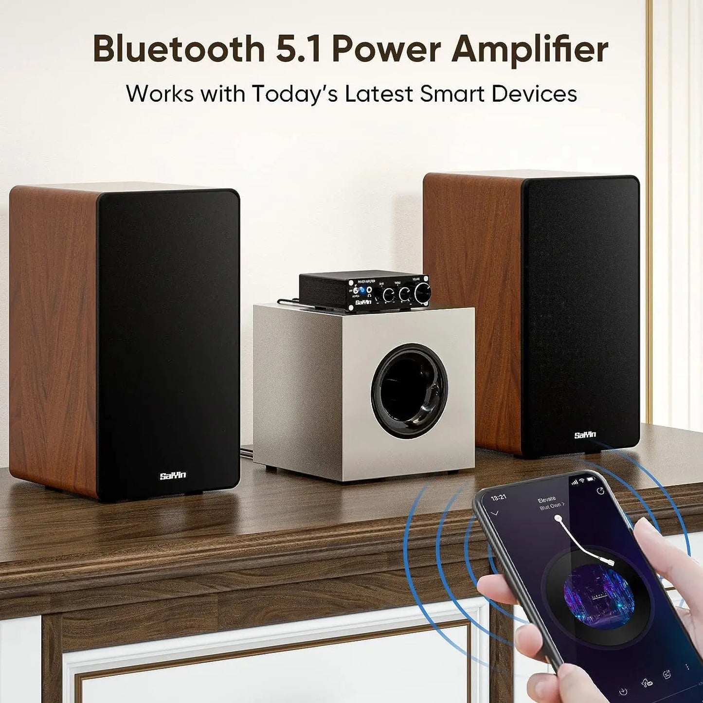 Saiyin Power Amplifier Home Audio, 80W X 2 Stereo Bluetooth Amplifier Receiver 2.0 Channel Mini Hi-Fi D Type Integrated Amplifier with Headphone Jack, Bass/Treight Control, Suitable for Home Speakers
