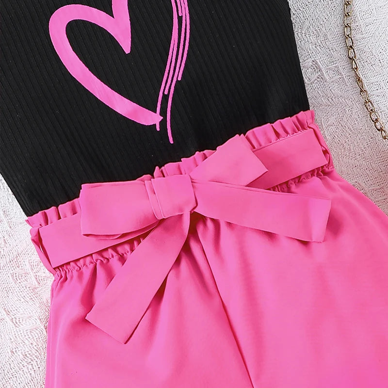 Clearance_2pcs Girls Going Out Short Suit Heart Graphic Flutter Sleeve Top & Belted Waist Shorts Set Kids Summer Clothes_Continu