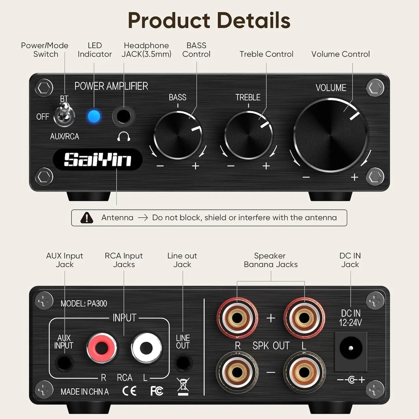 Saiyin Power Amplifier Home Audio, 80W X 2 Stereo Bluetooth Amplifier Receiver 2.0 Channel Mini Hi-Fi D Type Integrated Amplifier with Headphone Jack, Bass/Treight Control, Suitable for Home Speakers