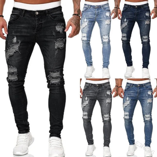 Ripped Mid Waist Slim Fit Men Jeans Vintage Denim Wash Solid Punk