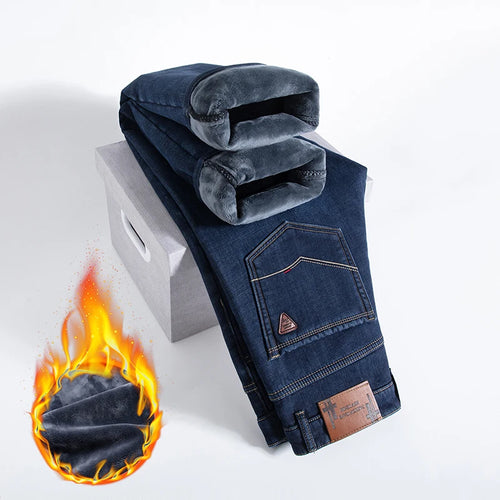 HIQOR Winter Fleece Thick Jeans Men Business Casual Straight Trousers