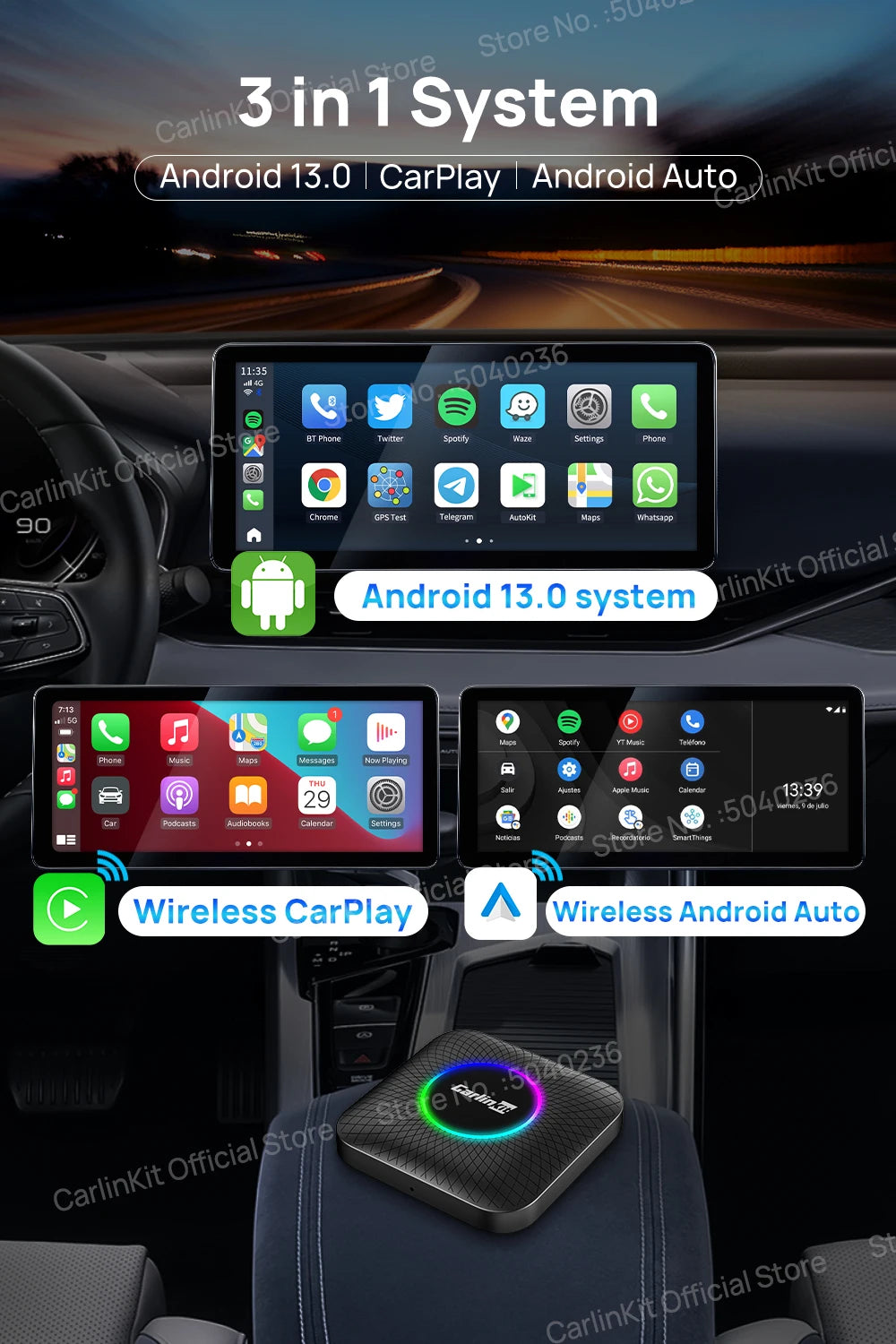 Carlinkit CarPlay Video Box LED Android 13 Wireless Android Auto SM6225 660 8-Core CarPlay Ai Box Support YouTube IPTV 512GB SD