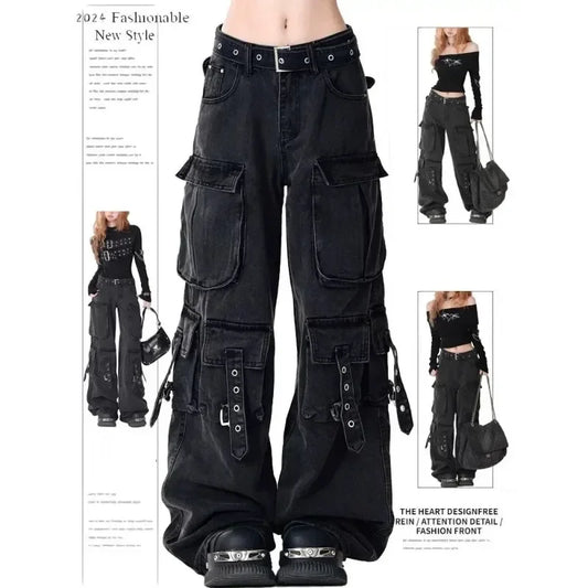 PB&ZACargo Straight Leg Jeans Women Y2k Harajuku Baggy Retro Do Old Belt Korean High Waist Denim Pants Hip Hop Slouchy Jeans