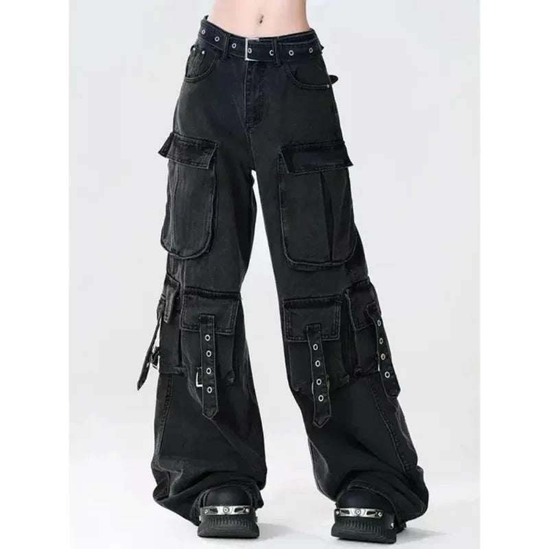 PB&ZACargo Straight Leg Jeans Women Y2k Harajuku Baggy Retro Do Old Belt Korean High Waist Denim Pants Hip Hop Slouchy Jeans