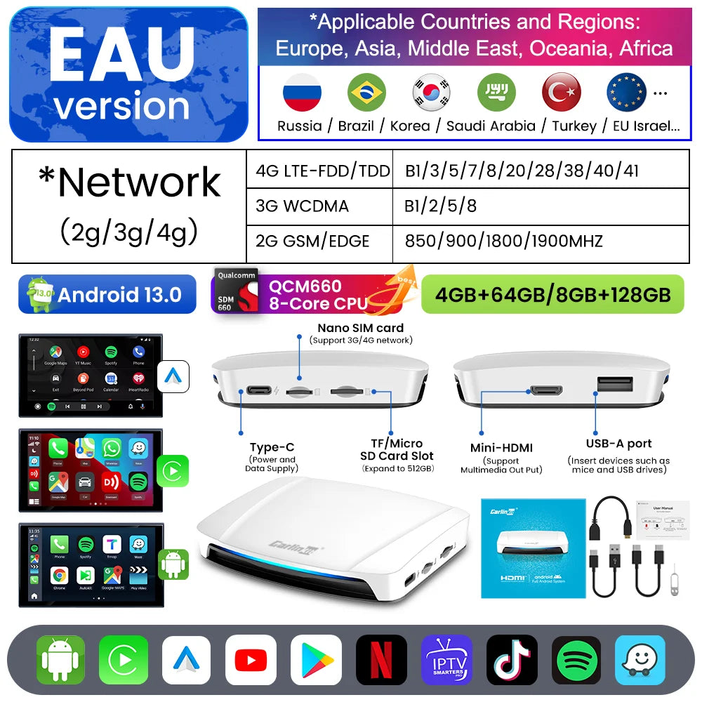 Carlinkit UHD Tv Box Android 13 Qualcomm SDM 660 8 Core Android Auto CarPlay Wireless Adapter Support Netfilx Youtube IPTV HDMI