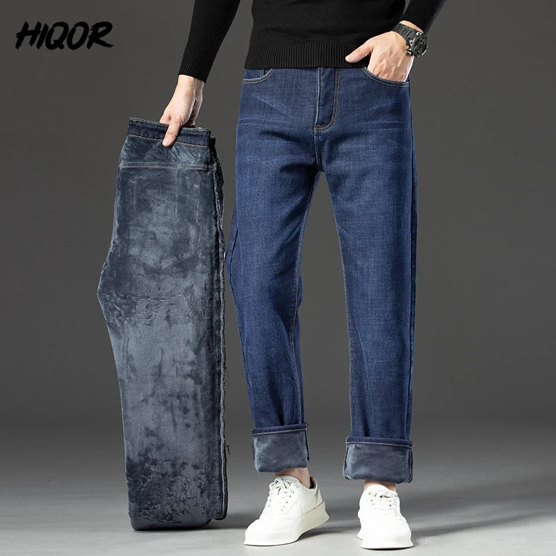 HIQOR Winter Fleece Thick Jeans Men Business Casual Straight Trousers