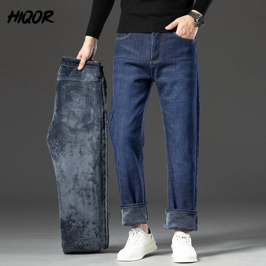 HIQOR Winter Fleece Thick Jeans Men Business Casual Straight Trousers