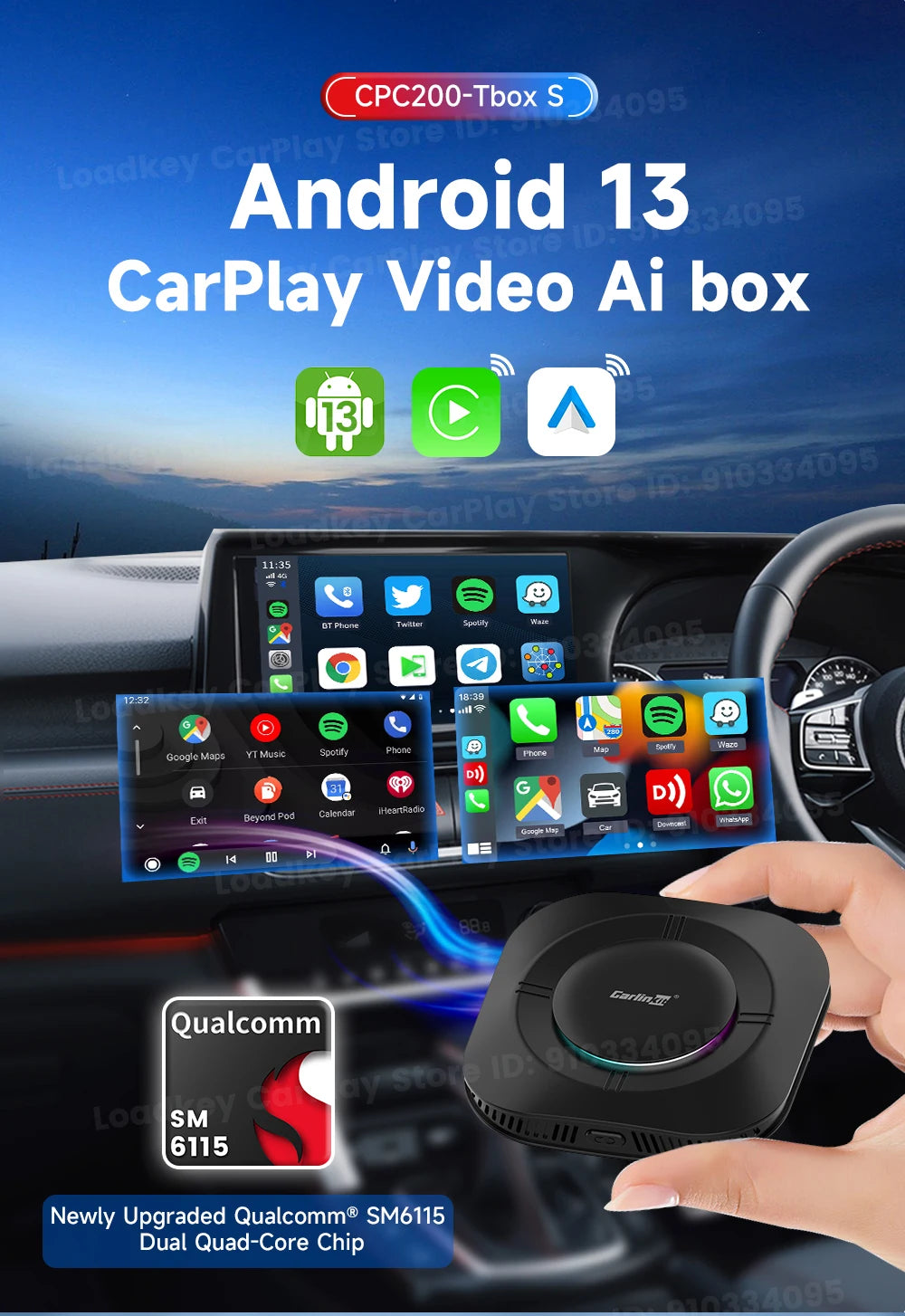 2025 Carlinkit Ai Box LED Android Wireless Carplay adapter Android 13 Qualcomm 6115 8-cores 64G Smart Tv Box For Netflix IPTV