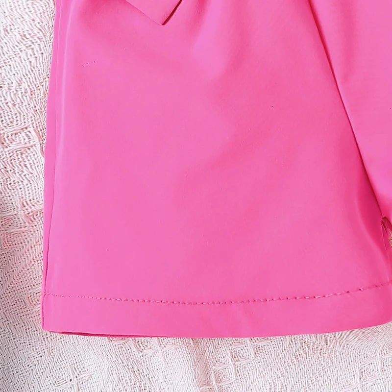 Clearance_2pcs Girls Going Out Short Suit Heart Graphic Flutter Sleeve Top & Belted Waist Shorts Set Kids Summer Clothes_Continu