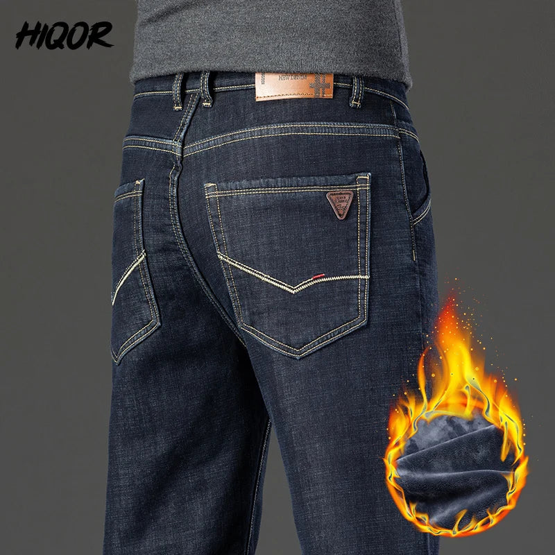 HIQOR Winter Fleece Thick Jeans Men Business Casual Straight Trousers