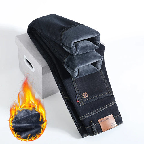 HIQOR Winter Fleece Thick Jeans Men Business Casual Straight Trousers