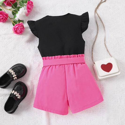Clearance_2pcs Girls Going Out Short Suit Heart Graphic Flutter Sleeve Top & Belted Waist Shorts Set Kids Summer Clothes_Continu