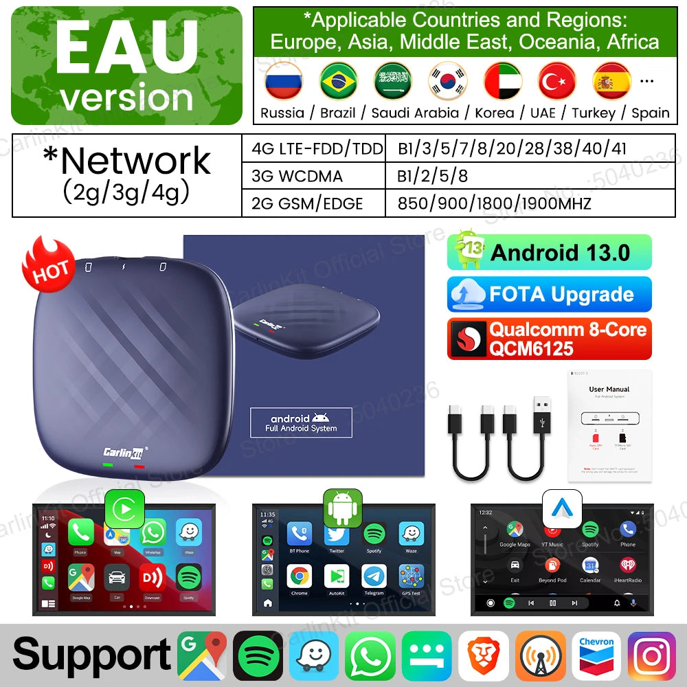 CarlinKit CarPlay Ai Box Android 13 TV Box Support Netflix IPTV GPS Wireless Android Auto & CarPlay 4G LTE Genuine Qualcomm Chip