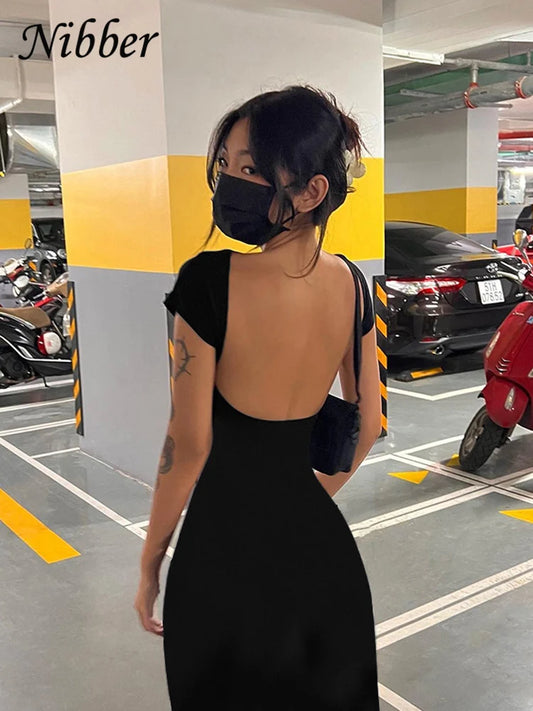 Nibber Solid Sexy Backless Maxi Dress Women Elegant Elastic Slim Short