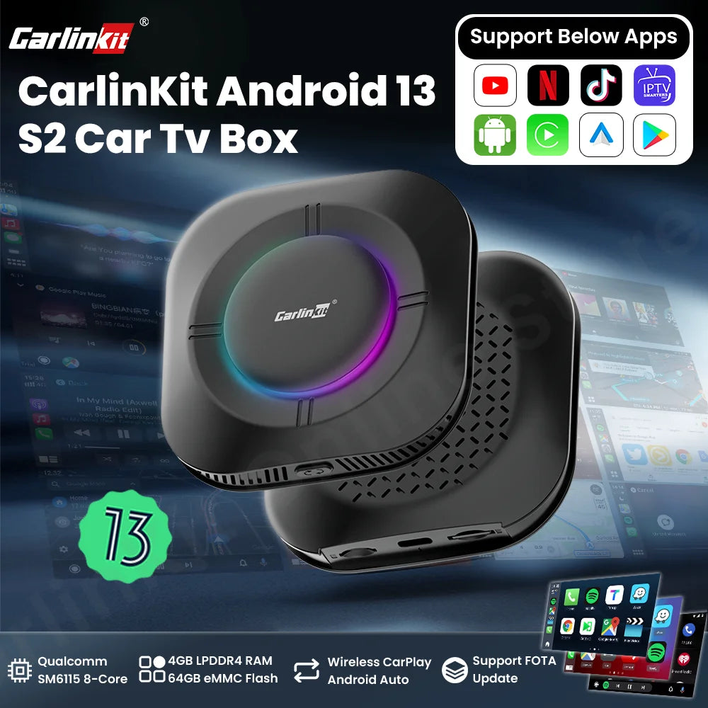 Carlinkit S2 Android 13 Tv Box SM6115 8 Core Carplay Wireless Android auto Support Youtube Netfilx IPTV Spotify Physical Switch