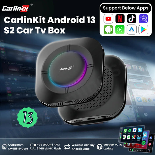 Carlinkit S2 Android 13 Tv Box SM6115 8 Core Carplay Wireless Android auto Support Youtube Netfilx IPTV Spotify Physical Switch