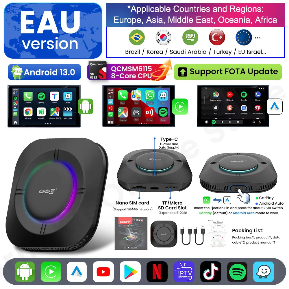 Carlinkit S2 Android 13 Tv Box SM6115 8 Core Carplay Wireless Android auto Support Youtube Netfilx IPTV Spotify Physical Switch