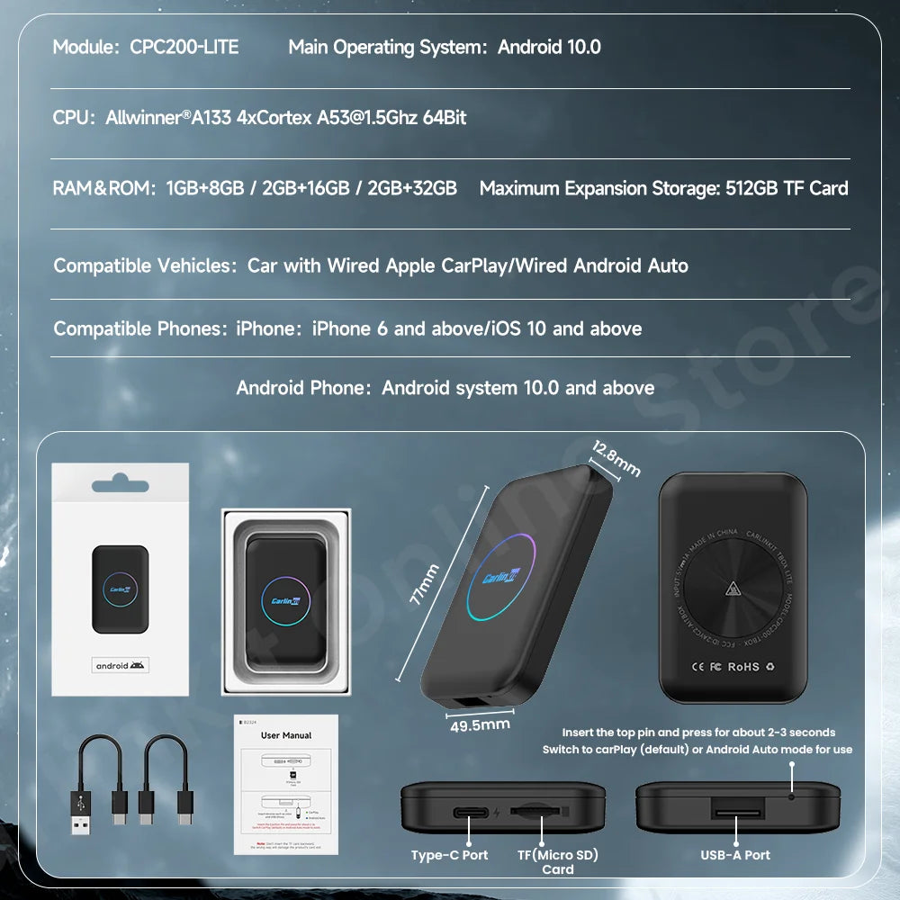 CarlinKit Lite Tv Box Android 10 Wireless Carplay ＆ Android auto Adapter Support Online Netfix Youtube IPTV Spotify Wifi BLE