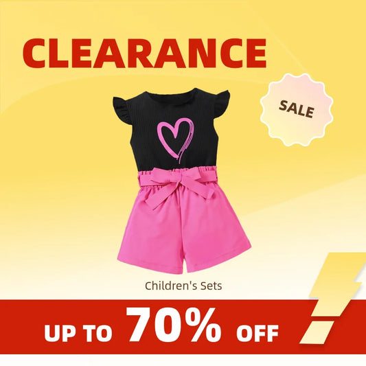 Clearance_2pcs Girls Going Out Short Suit Heart Graphic Flutter Sleeve Top & Belted Waist Shorts Set Kids Summer Clothes_Continu