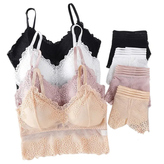 Women Bra Brief Set French Lace Underwear Female Sexy Lingerie Set Lace Bralette Crop Top Seamless Backless Vest Top Set