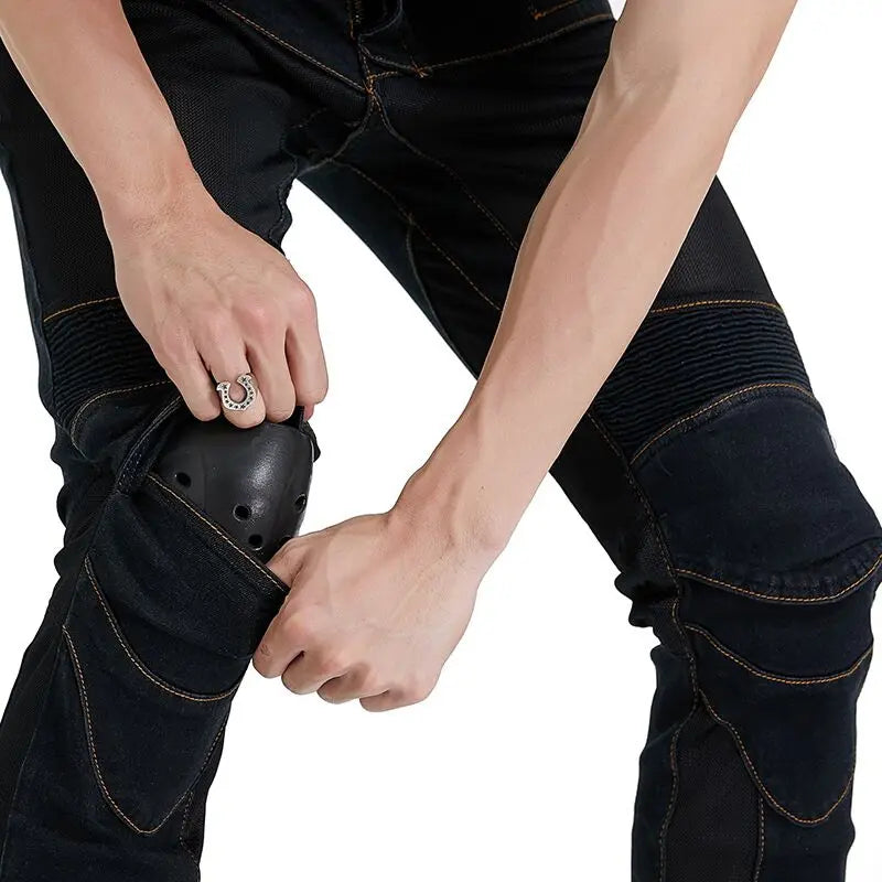 Men Jeans Embroidery Motorcycle Pants Pantalon Motocross Belt