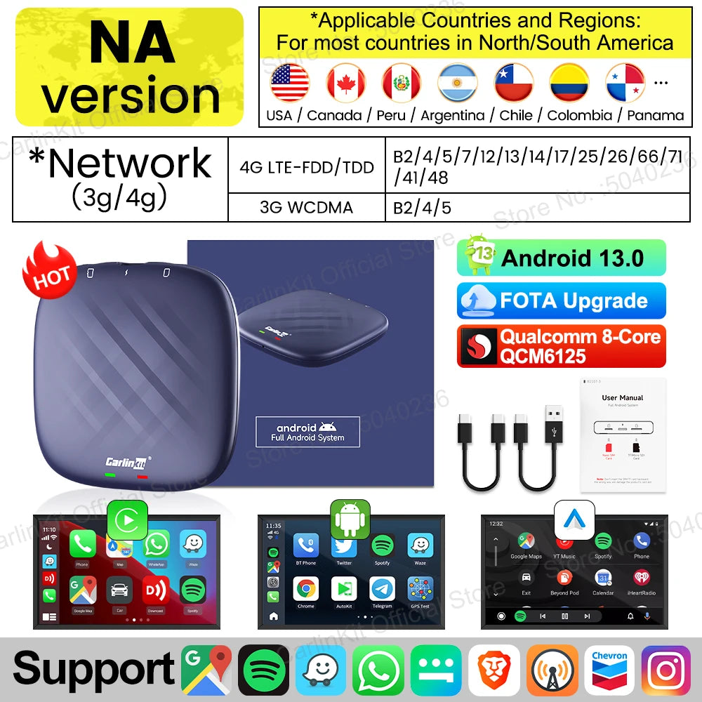 CarlinKit CarPlay Ai Box Android 13 TV Box Support Netflix IPTV GPS Wireless Android Auto & CarPlay 4G LTE Genuine Qualcomm Chip