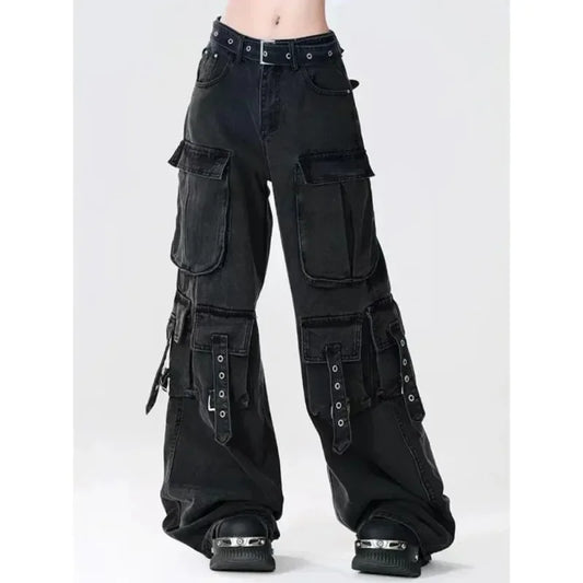 PB&ZACargo Straight Leg Jeans Women Y2k Harajuku Baggy Retro Do Old Belt Korean High Waist Denim Pants Hip Hop Slouchy Jeans