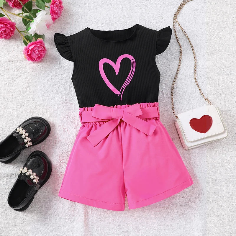 Clearance_2pcs Girls Going Out Short Suit Heart Graphic Flutter Sleeve Top & Belted Waist Shorts Set Kids Summer Clothes_Continu