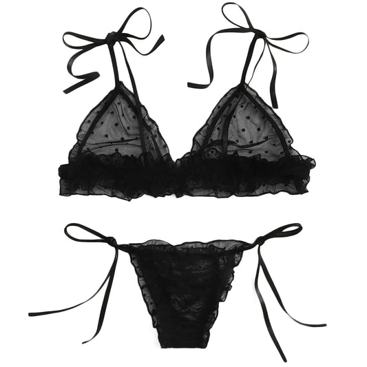 Female Underwear Sexy lingerie Set For Women Plus Size Dot Mesh Lace Wireless Bra Sexy Bandage Lingerie Thong Set Underwear