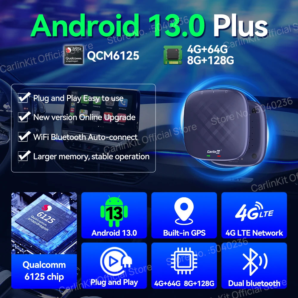 CarlinKit CarPlay Ai Box Android 13 TV Box Support Netflix IPTV GPS Wireless Android Auto & CarPlay 4G LTE Genuine Qualcomm Chip