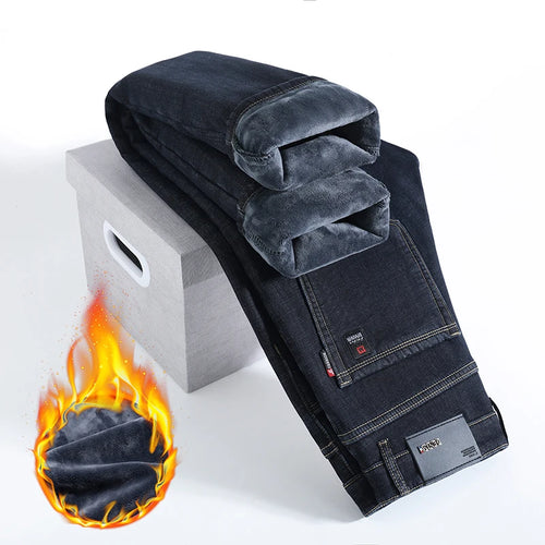 HIQOR Winter Fleece Thick Jeans Men Business Casual Straight Trousers