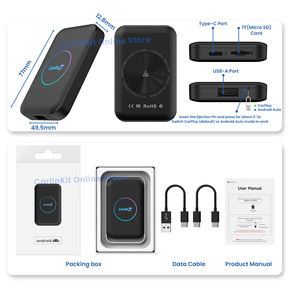 CarlinKit Lite Tv Box Android 10 Wireless Carplay ＆ Android auto Adapter Support Online Netfix Youtube IPTV Spotify Wifi BLE