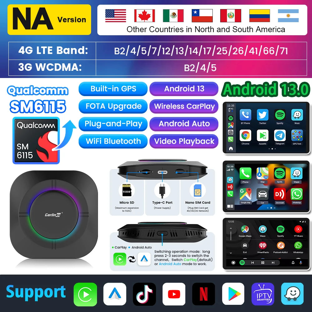 2025 Carlinkit Ai Box LED Android Wireless Carplay adapter Android 13 Qualcomm 6115 8-cores 64G Smart Tv Box For Netflix IPTV