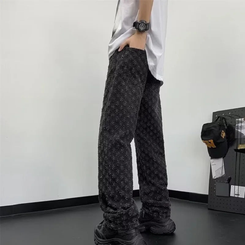Jacquard All Over High Street Jeans Mens 2024 New Straight Lift