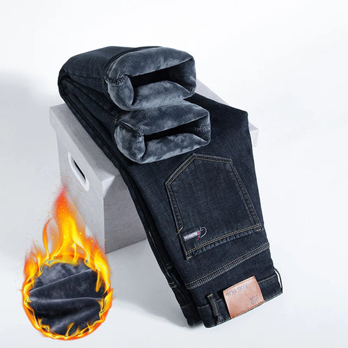 HIQOR Winter Fleece Thick Jeans Men Business Casual Straight Trousers