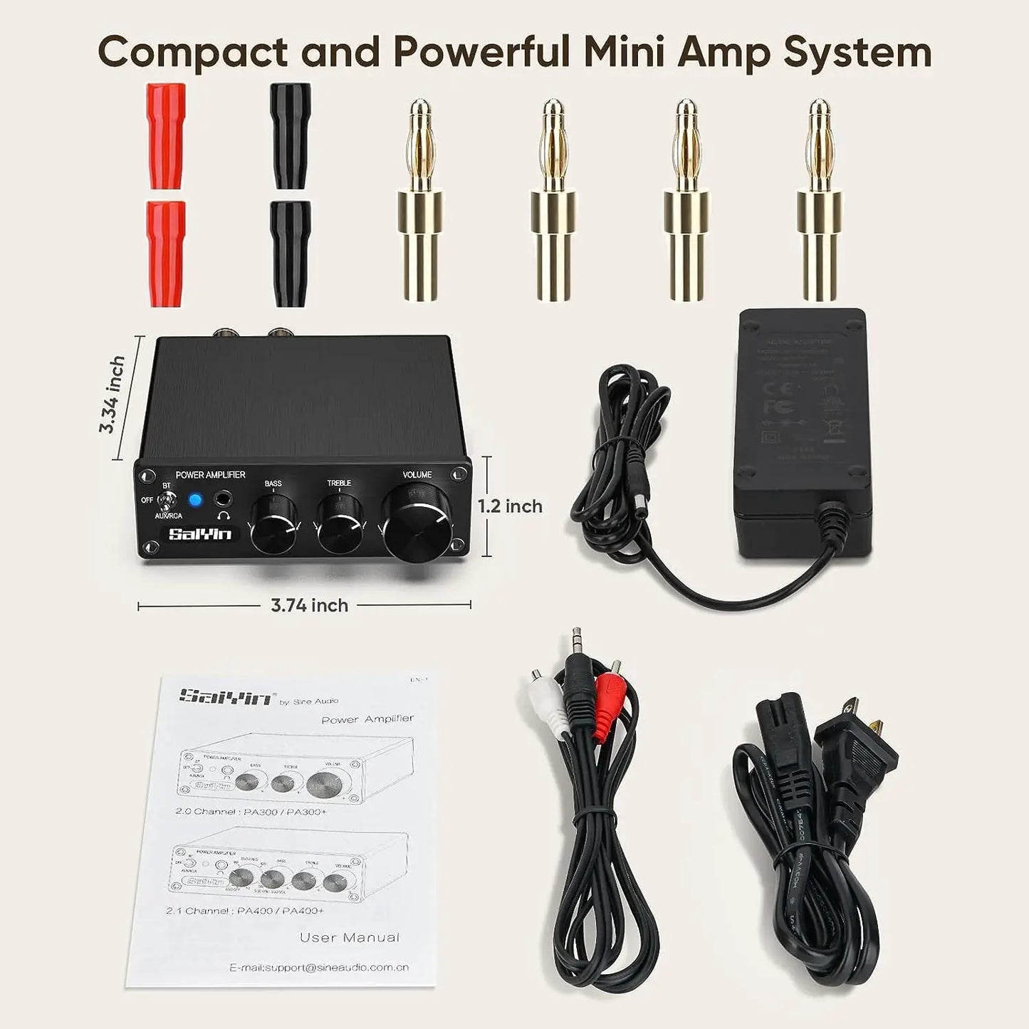 Saiyin Power Amplifier Home Audio, 80W X 2 Stereo Bluetooth Amplifier Receiver 2.0 Channel Mini Hi-Fi D Type Integrated Amplifier with Headphone Jack, Bass/Treight Control, Suitable for Home Speakers