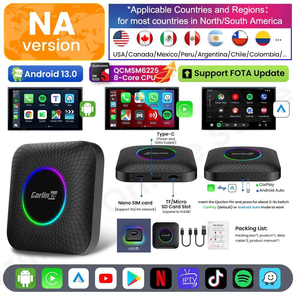 CarlinKit Android 13 Tv Box 8 Core CarPlay Android Auto Wireless Adapter Support Toyota Youtube Netfilx IPTV Spotify