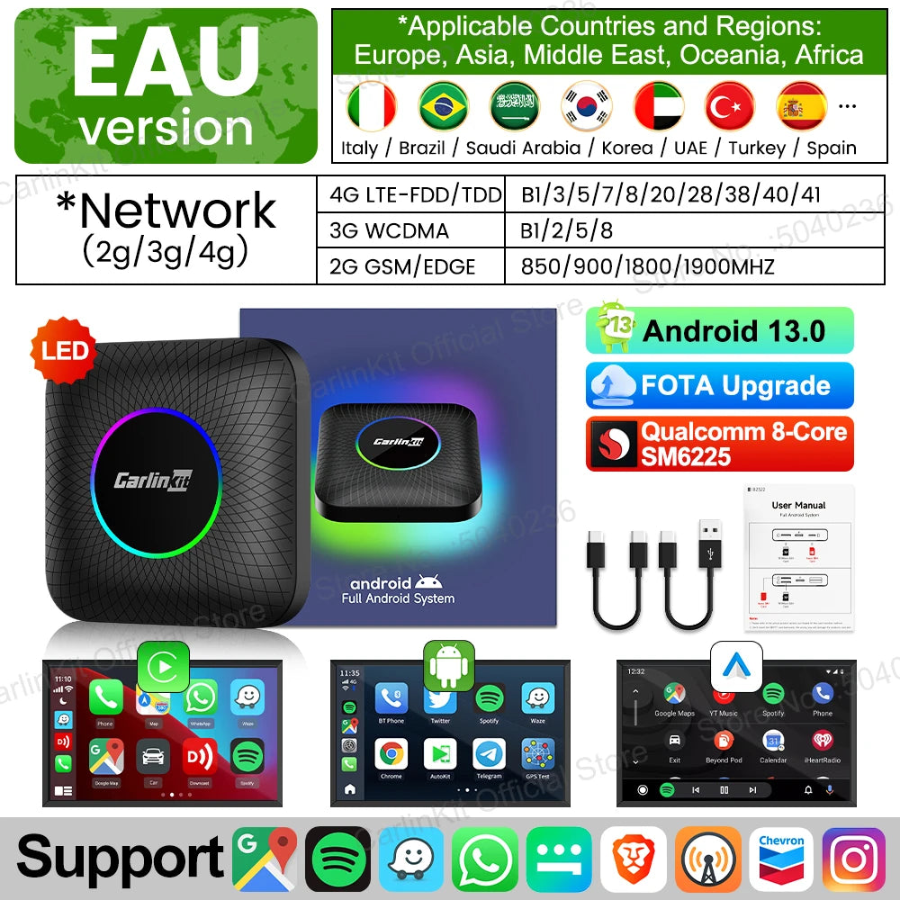 CarlinKit CarPlay Ai Box Android 13 TV Box Support Netflix IPTV GPS Wireless Android Auto & CarPlay 4G LTE Genuine Qualcomm Chip