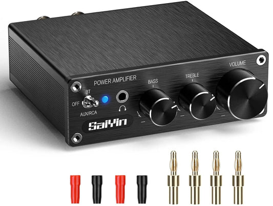 Saiyin Power Amplifier Home Audio, 80W X 2 Stereo Bluetooth Amplifier Receiver 2.0 Channel Mini Hi-Fi D Type Integrated Amplifier with Headphone Jack, Bass/Treight Control, Suitable for Home Speakers
