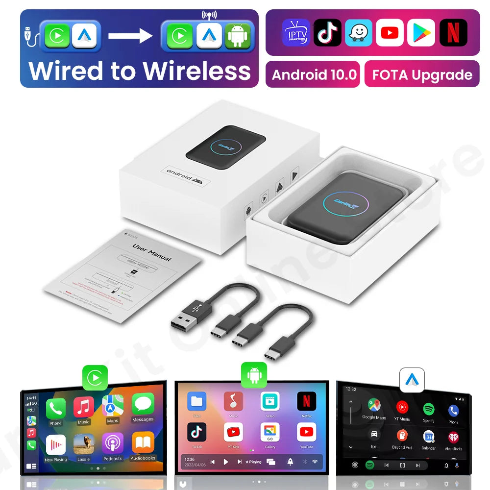 CarlinKit Lite Tv Box Android 10 Wireless Carplay ＆ Android auto Adapter Support Online Netfix Youtube IPTV Spotify Wifi BLE