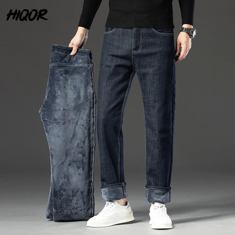 HIQOR Winter Fleece Thick Jeans Men Business Casual Straight Trousers