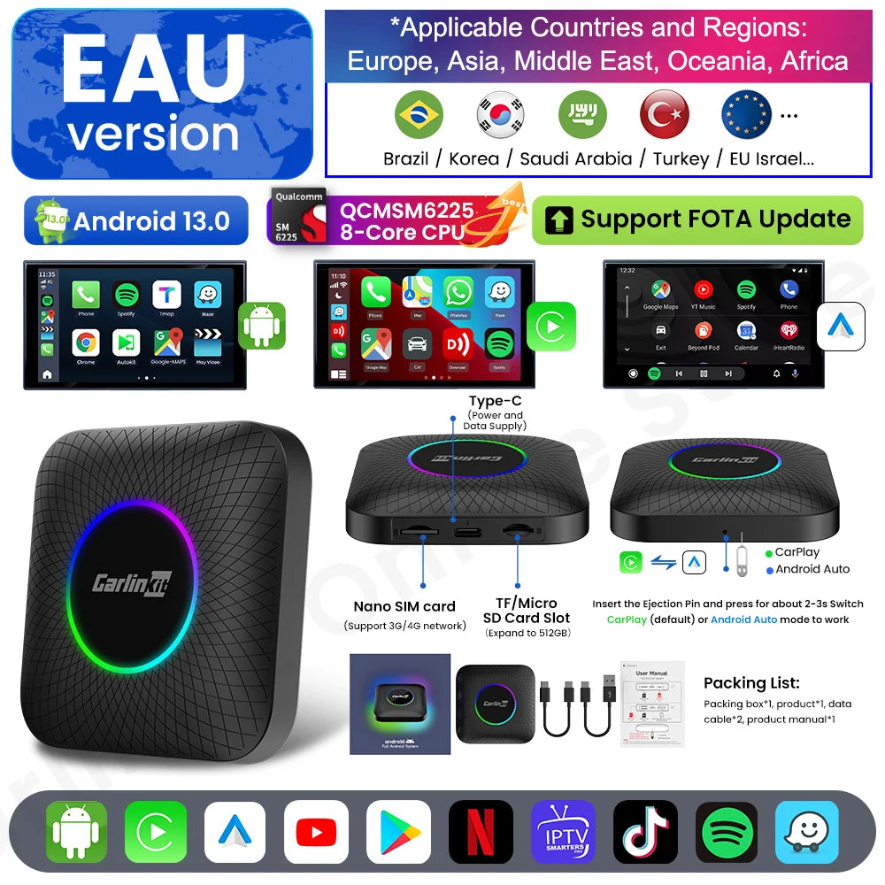 CarlinKit Android 13 Tv Box 8 Core CarPlay Android Auto Wireless Adapter Support Toyota Youtube Netfilx IPTV Spotify
