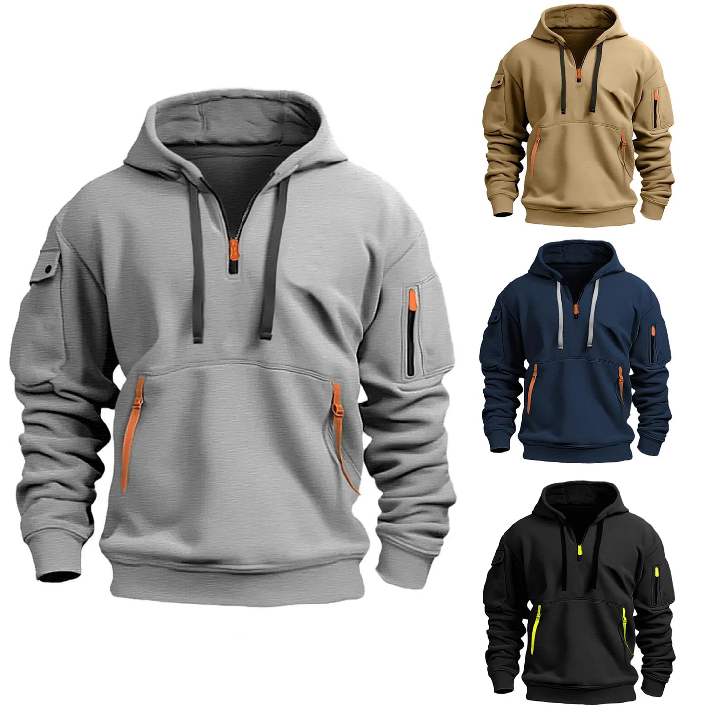 2024 New Multi Pocket Zipper Fleece Hooded Casual Shirt for Men and