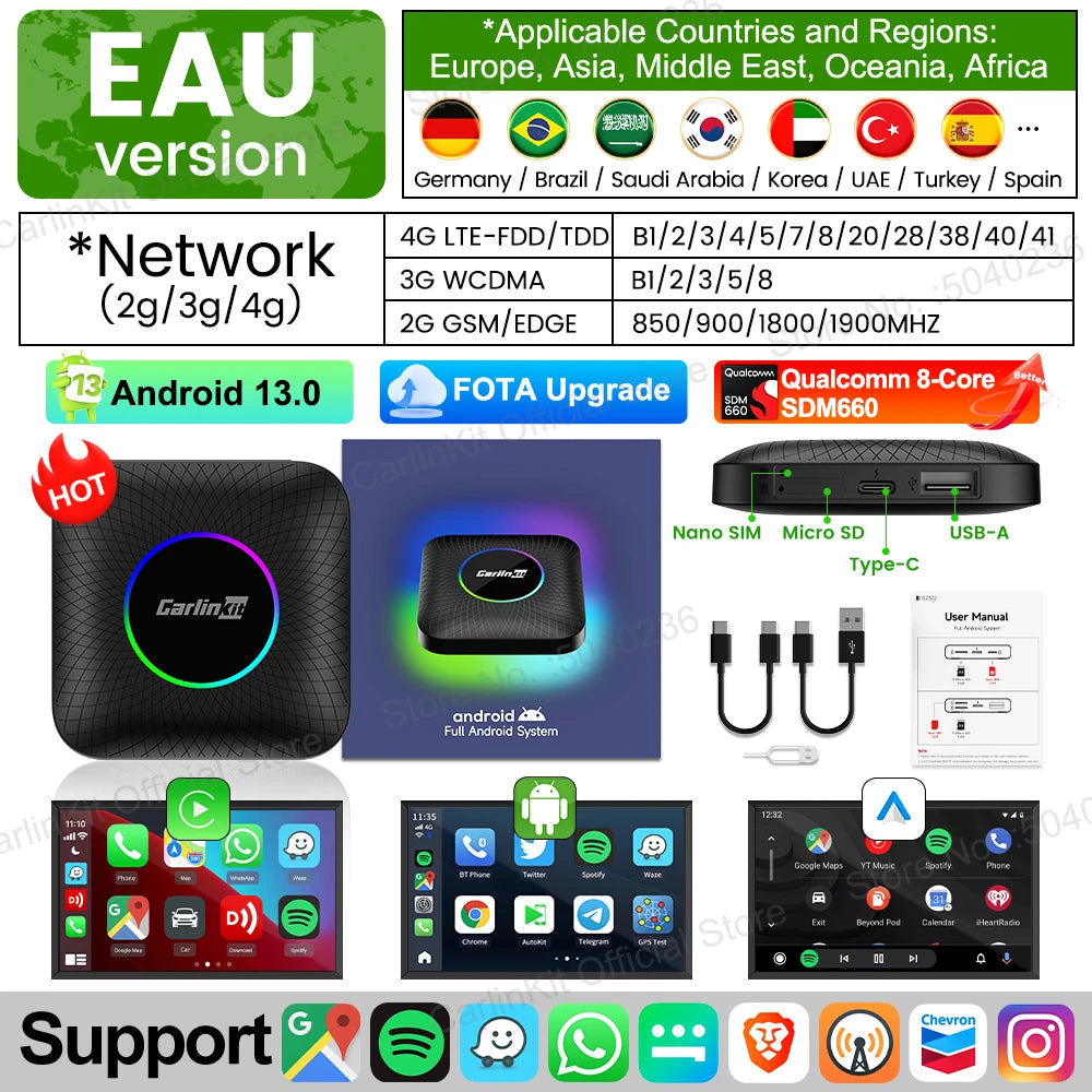Carlinkit CarPlay Video Box LED Android 13 Wireless Android Auto SM6225 660 8-Core CarPlay Ai Box Support YouTube IPTV 512GB SD