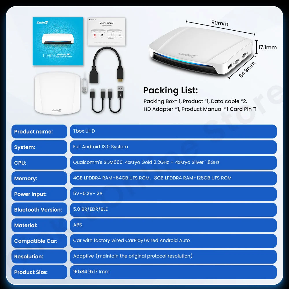 Carlinkit UHD Tv Box Android 13 Qualcomm SDM 660 8 Core Android Auto CarPlay Wireless Adapter Support Netfilx Youtube IPTV HDMI