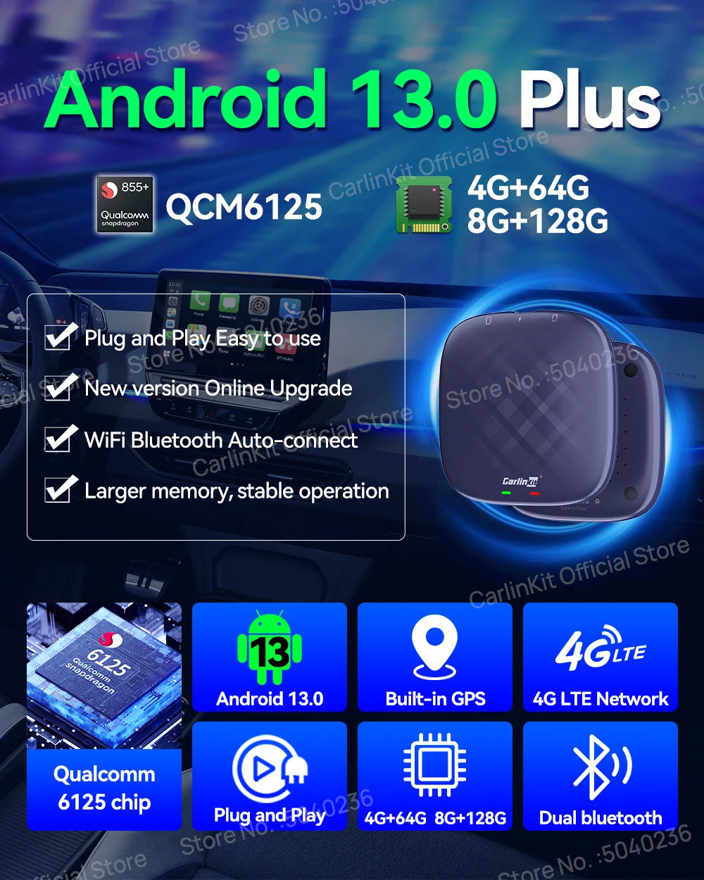 CarlinKit CarPlay Ai Box Android 13 TV Box Support Netflix IPTV GPS Wireless Android Auto & CarPlay 4G LTE Genuine Qualcomm Chip